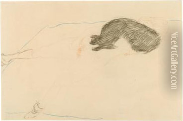Nudo Femminile Disteso Con Animale Oil Painting - Gustav Klimt