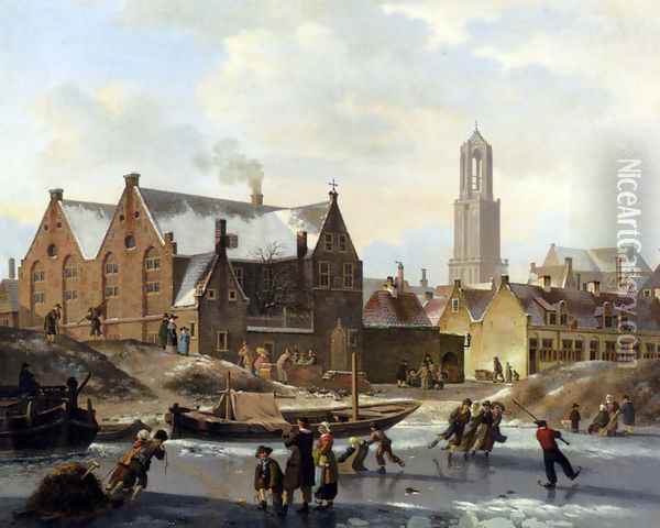 Skaters On A Frozen Canal Oil Painting - Jan Hendrik Verheijen