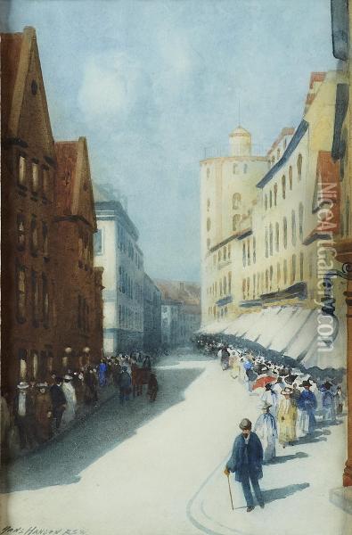 A Busy Street Oil Painting - Hans Jacob Hansen