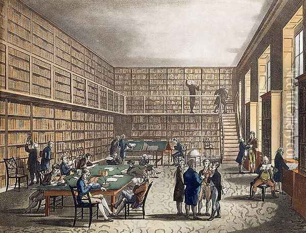 The Library at The Royal Institution, Albemarle Street, engraved by Joseph Constantine fl.1780-1812 Stadler, 1809 Oil Painting - T. Rowlandson & A.C. Pugin