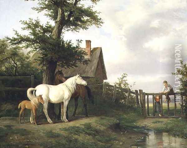 Children and Horses by a Stream Oil Painting - Pierre Vernet