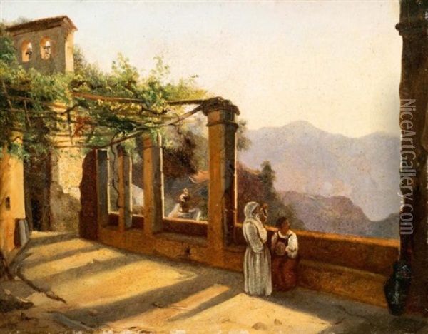 La Terrasse Du Monastere Avvocatella A Cava Oil Painting - Jean Charles Joseph Remond