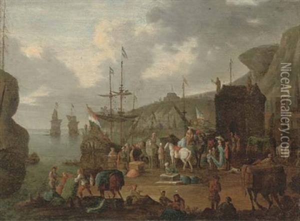 A Mediterranean Harbour With Stevedores Unloading And Elegant Company On The Shore Oil Painting - Jan-Baptiste van der Meiren