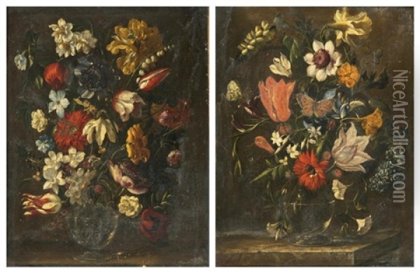 Bouquets De Fleurs (pair) Oil Painting - Jean-Baptiste Belin de Fontenay the Elder