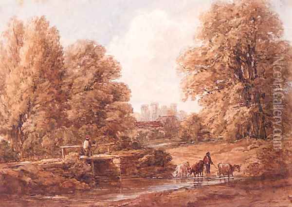 Cattle crossing a Stream with a Castle beyond Oil Painting - William James Bennett