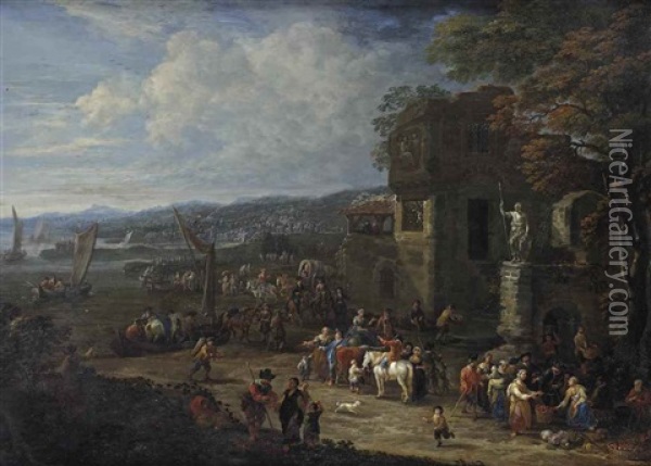 A Hilly River Landscape With Numerous Figures Near Classical Ruins, Boats Sailing Off Beyond Oil Painting - Mathys Schoevaerdts