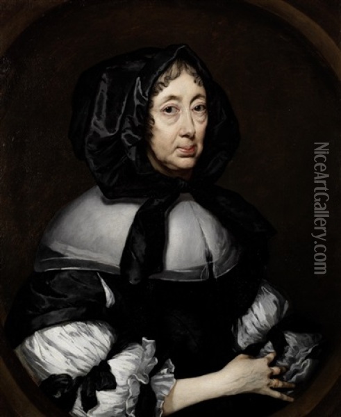 Portrait Of Catherine, Lady Hoby Of Bisham Abbey, Half-length, In A Black And White Dress And A Black Silk Bonnet, Within A Painted Oval Oil Painting - Pieter Borsseler