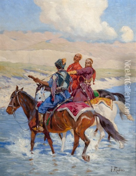 Tscherkessen Zu Pferd Uberqueren Einen Fluss Oil Painting - Franz Roubaud
