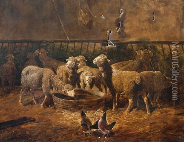 Ovejas En El Stablo Oil Painting - Charles H. Clair