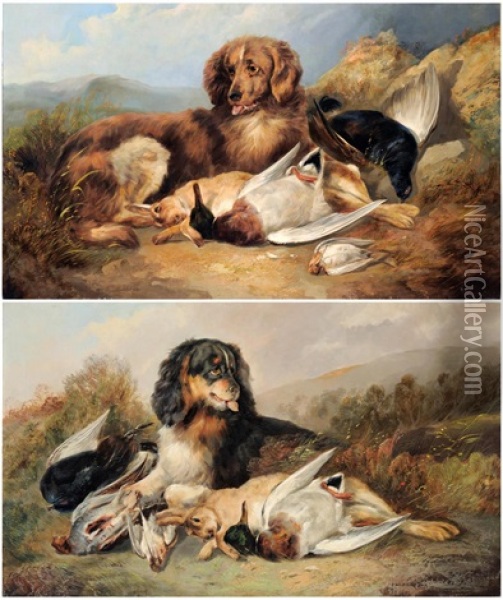 Liver Spaniel With The Days Bag; Black And Tan Spaniel With The Days Bag (2 Works) Oil Painting - William Woodhouse