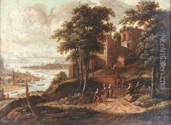 Travellers In A River Landscape Before A Ruined Castle Oil Painting - Jan Wijnants