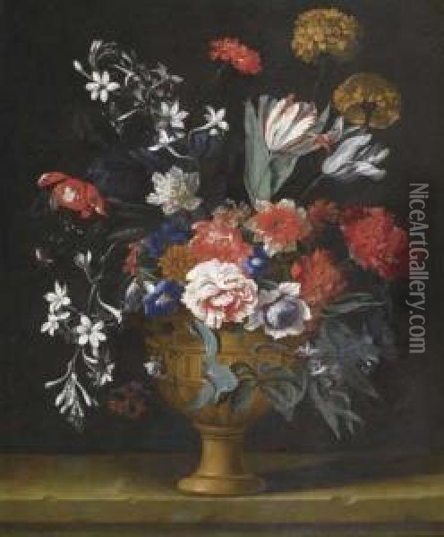 Flowers In A Vase On A Stone Table. Oil Painting - Niccolo Stanchi