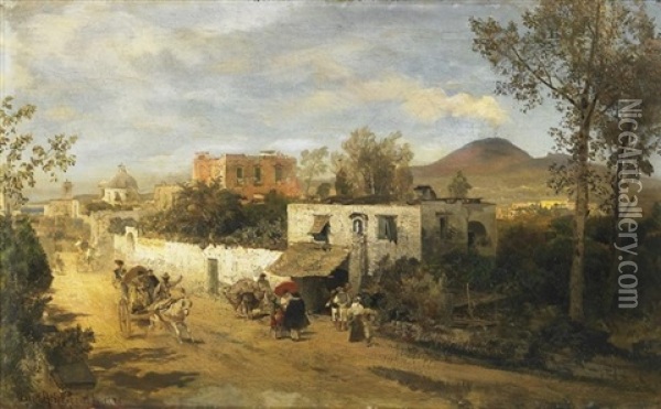 Landstrase Bei Pompei. Im Hintergrund Der Rauchende Vesuv Oil Painting - Oswald Achenbach
