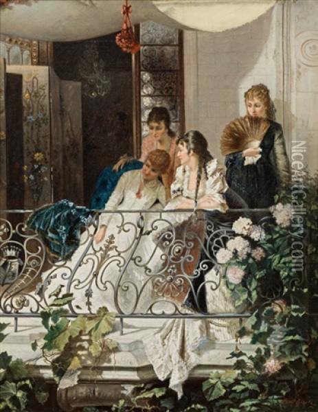 Young Women On A Balcony Oil Painting - Josef Gisela