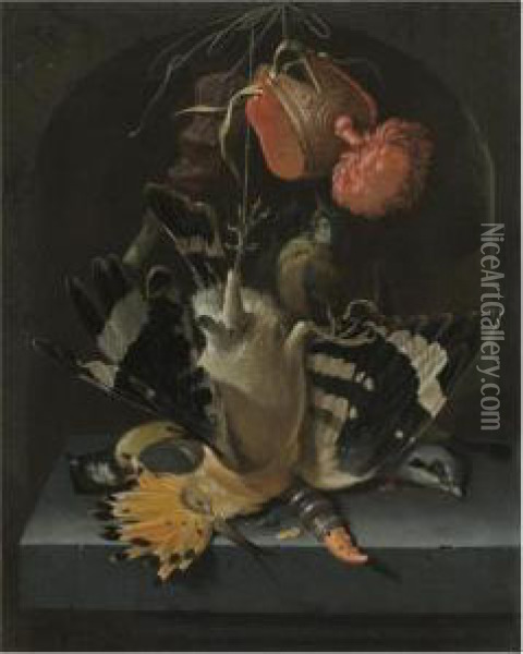 Still Life With A Hoopoe, A 
Great Tit, A Falconry Hood And A Decoywhistle All Arranged Within A 
Stone Niche Oil Painting - Abraham Mignon