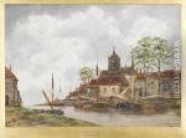 Hollandische Kanalpartie Mit Einem Stadtchen Oil Painting - Hermanus Jr. Koekkoek