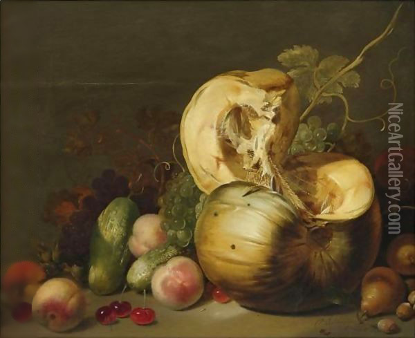 A Still Life With A Pumpkin, Peachs, Grapes, Cherries And Other Fruit Oil Painting - Hans Bollongier
