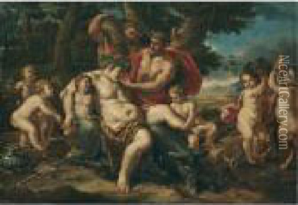 The Drunken Silenus On His Ass Surrounded By Putti Oil Painting - Sebastiano Ricci