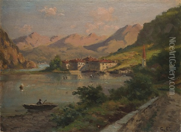 Lago, Case, Monti Oil Painting - Silvio Poma