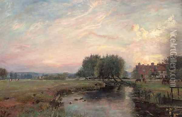A peaceful river landscape at sunset Oil Painting - John William Buxton Knight
