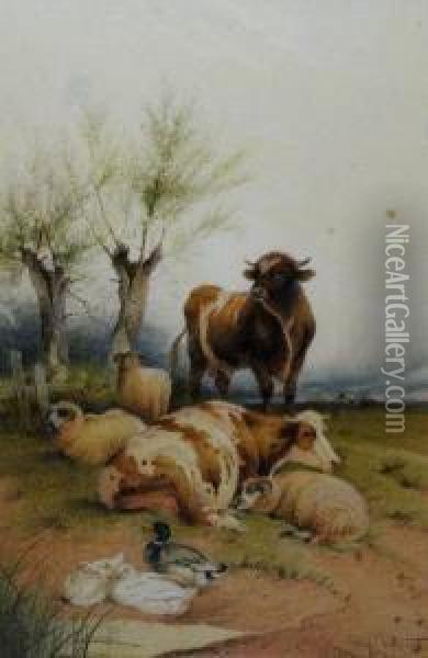 Cattle, Sheep, And Ducks On A Bank Oil Painting - Frederick E. Valter