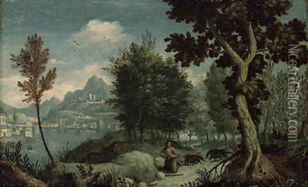 A mountainous River Landscape with the Prodigal Son, a view of Verona beyond Oil Painting - Jan Soens