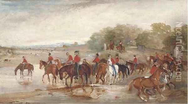 Officers watering their horses at a river Oil Painting - John Jnr. Ferneley