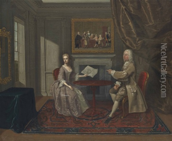 A Double Portrait Of Matthew Robinson (1694-1770) And His Wife, Elizabeth Drake (d.1745), Full-length, Seated At A Table In An Interior Oil Painting - Gawen Hamilton