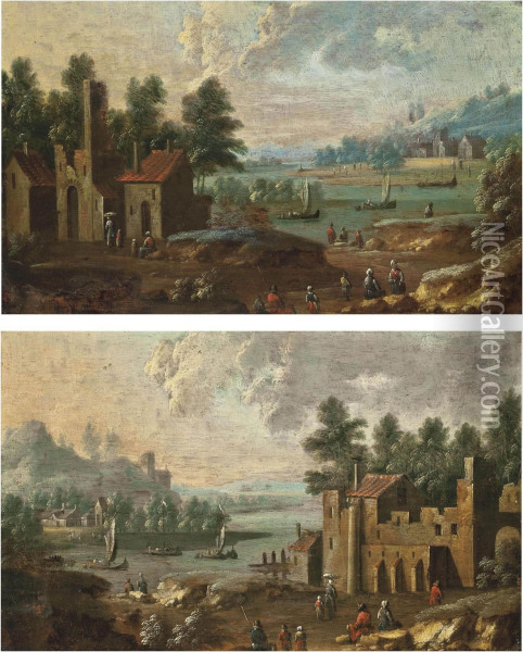 A Wooded River Landscape With Peasants On A Track And Fishing Vessels, Ruins Beyond; And A Wooded River Landscape With Peasants Before A Fortified City, Fishing Vessels, And A Village Beyond Oil Painting - Marc Baets