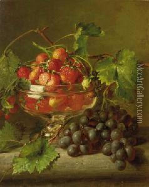A Still Life With Strawberries And Grapes Oil Painting - Adriana-Johanna Haanen