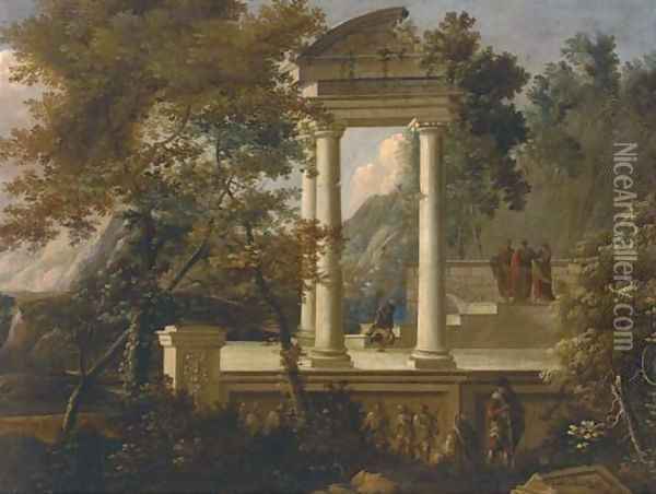 An extensive mountainous wooded landscape with figures conversing amongst classical ruins Oil Painting - Adriaen Van Diest