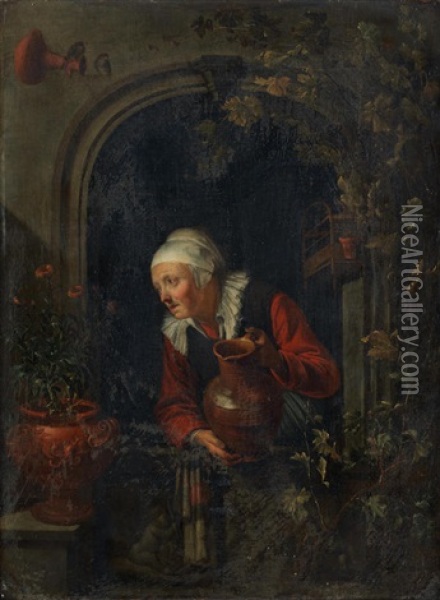 An Elderly Lady Standing At A Window Holding An Earthenware Pitcher Oil Painting - Gerrit Dou
