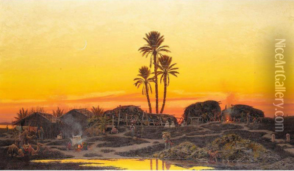 An Arab Camp At Sunset Oil Painting - Richard Fuchs