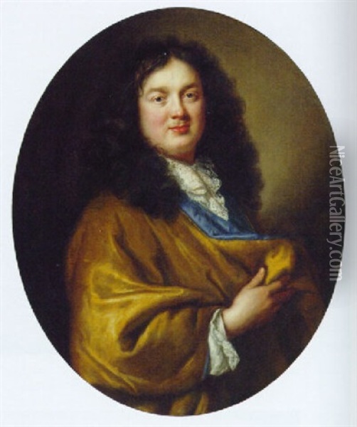 Portrait Of A Gentleman, In A Blue And Gold Gown Oil Painting - Pierre Mignard the Elder
