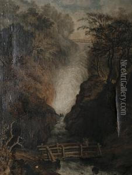 Bridge Below A Waterfall Oil Painting - Anton Schiffer