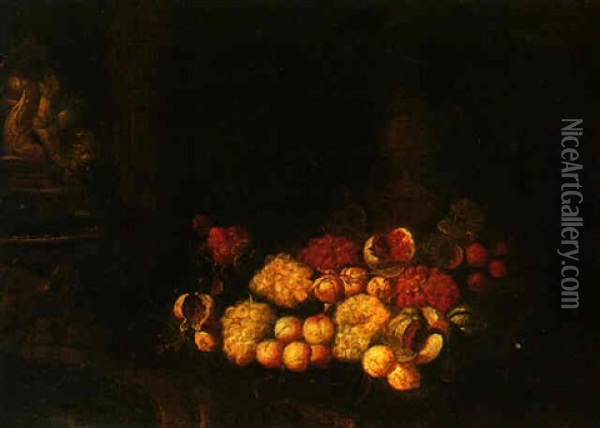 Still Life Of Grapes, Apricots, Pomegranates And Melon In Front Of Garden Statuary Oil Painting - Jan Pauwel Gillemans The Elder