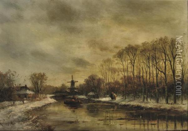 Dusk Along The River In Winter Oil Painting - Albert Jurardus van Prooijen