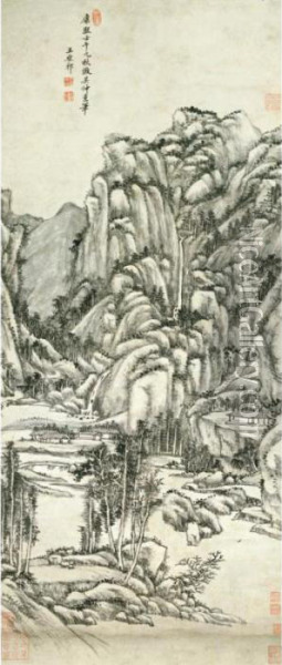 Landscape After Wu Zhen (1280-1354) Oil Painting - Wang Yuanqi