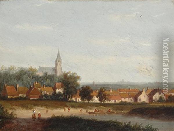 Village By The Water Oil Painting - Carl Eduard Ahrendts