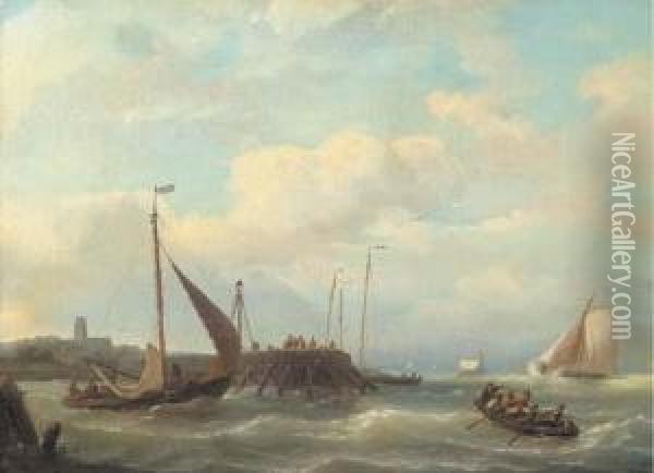 Dutch Fishing Boats Off A Jetty Oil Painting - Nicolaas Riegen