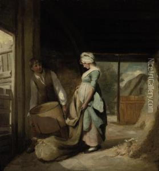 Two Peasants Conversing In A Barn Interior Oil Painting - Henry Walton