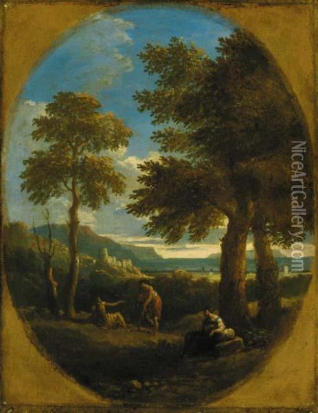 A Classical Wooded Landscape With Figures, A Town And Mountains Beyond Oil Painting - Jan Frans Van Bloemen (Orizzonte)