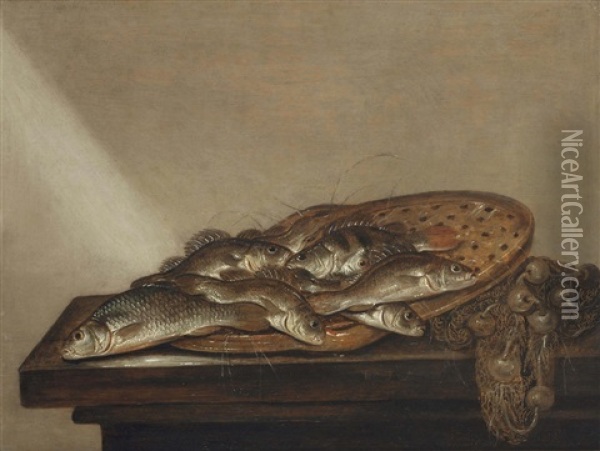 Various Fish On A Terra-cotta Strainer, Together With A Fishing Net On A Table Oil Painting - Pieter de Putter