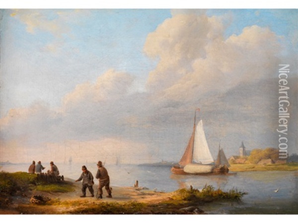 Uferlandschaft Mit Hohem Himmel, Segelbooten Und Figurenstaffage Oil Painting - Johannes Hermanus Koekkoek