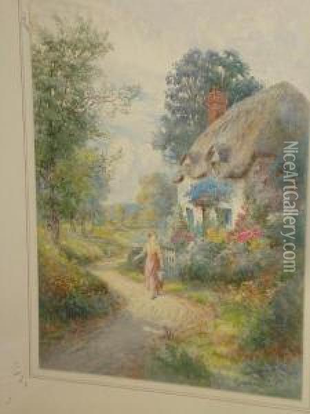 Maid On A Lane Before A Cottage Garden Oil Painting - Thomas Noelsmith