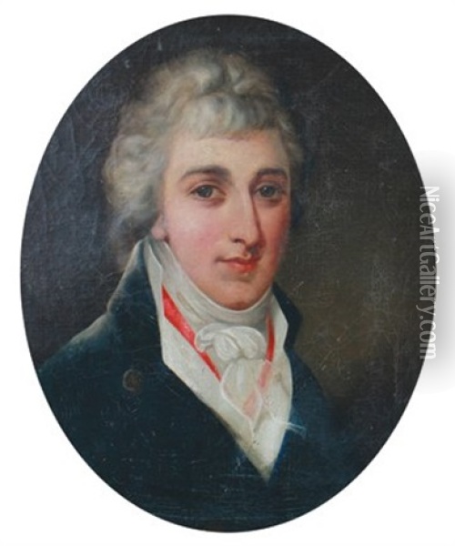 Believed To Be A Portrait Of The Hon. Arthur Wellesley, Later 1st Duke Of Wellington, Wearing A Blue Jacket And The Red Ribbon Of An Order Oil Painting - Hugh Douglas Hamilton