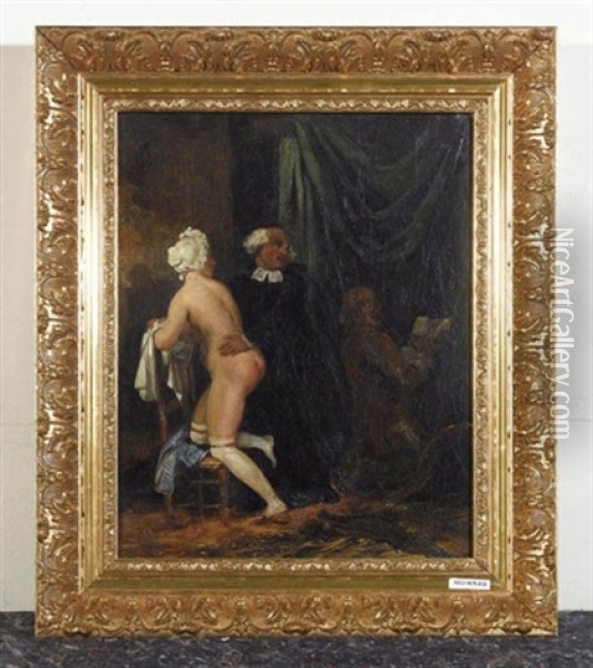 Weiblicher Akt Mit Priester Und Gelehrten Oil Painting - Achille Jacques Jean Marie Deveria
