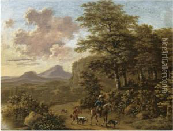 An Italianate Landscape With Huntsmen And Their Hounds On A Road Beside A River Oil Painting - Willem de Heusch
