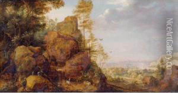 A Mountainous Landscape With A 
Rocky Outcrop By The Edge Of A Wood, Goats And A Reindeer Resting By A 
Waterfall, A Village In An Extensive Landscape Beyond Oil Painting - Gillis Claesz De Hondecoeter