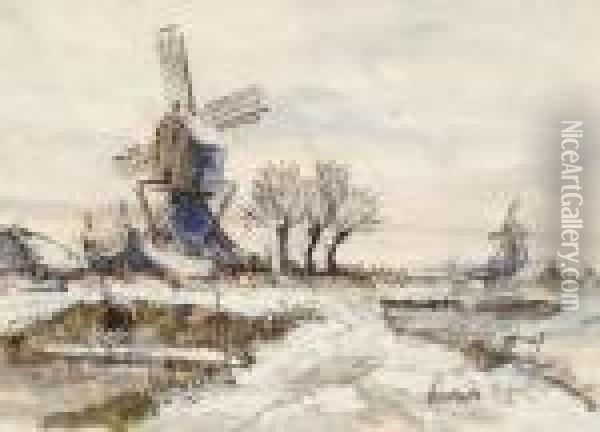 A Winter Landscape With Windmills Oil Painting - Louis Apol